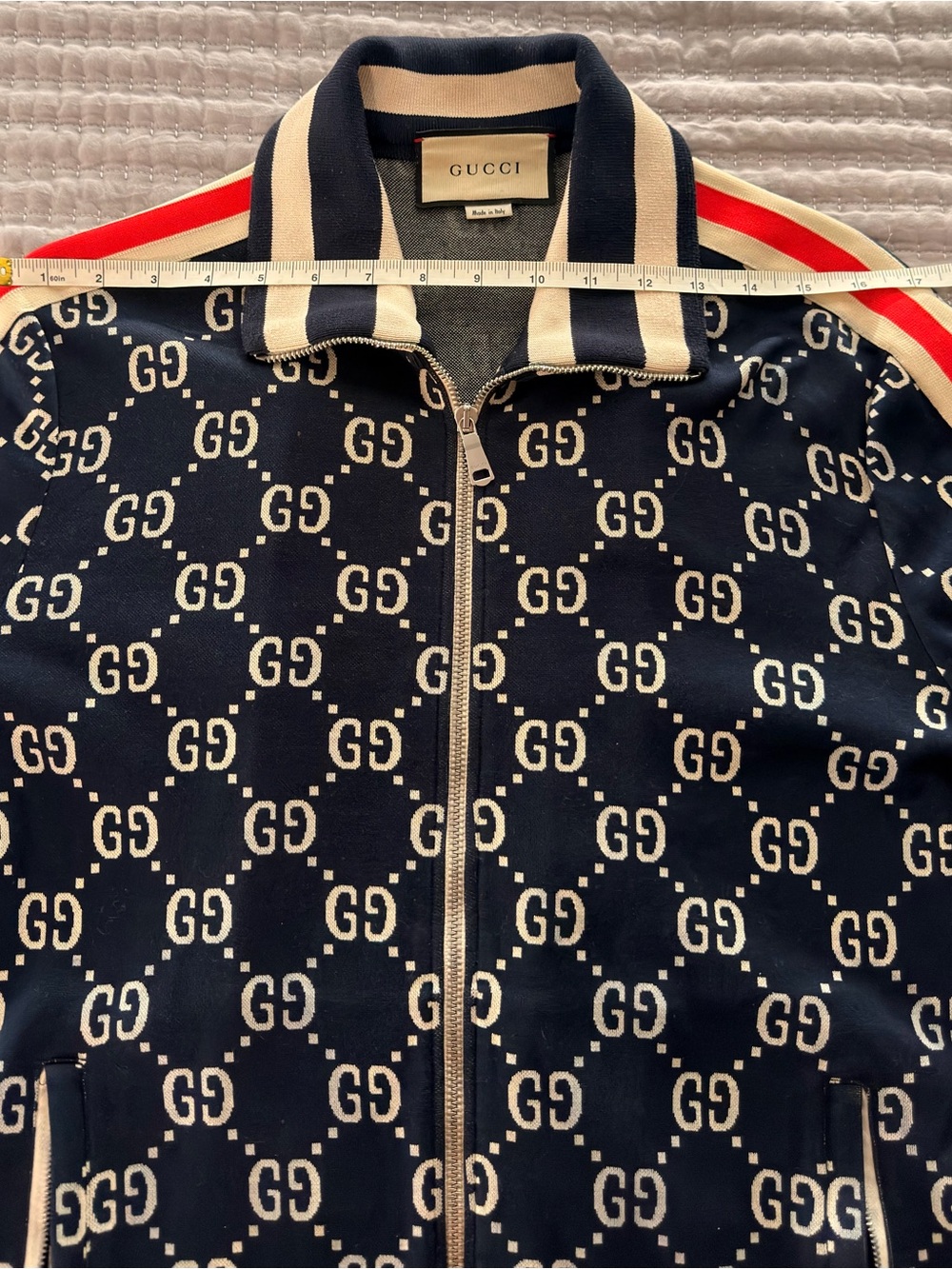 Gucci Navy and Cream GG Logo Track Jacket with Red Shoulder Stripe - Picture 7 of 9
